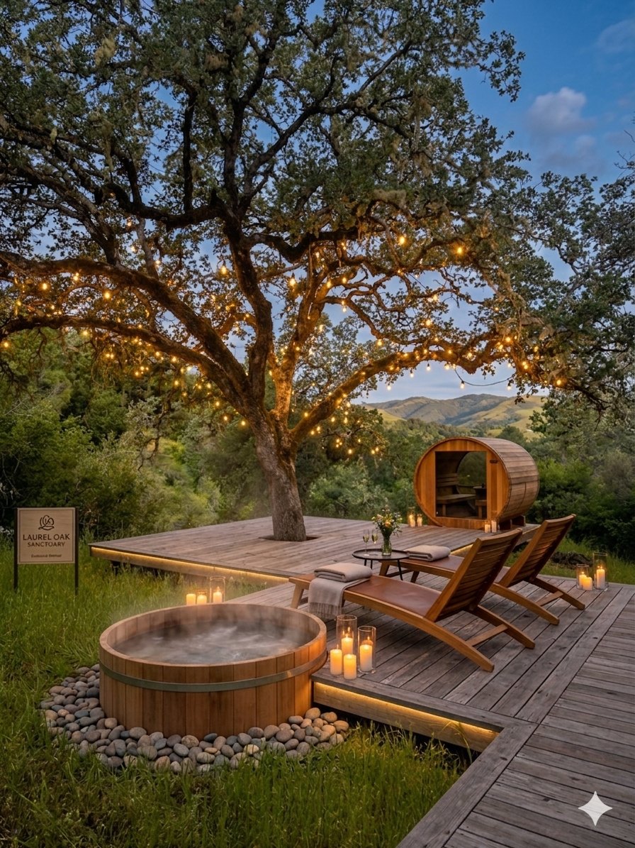 Cedar hot tub and sauna under the oak